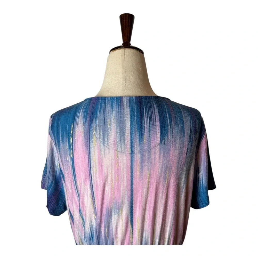 Soma Nightgown Women Medium Blue Pink Tie Dye‎ V Neck Smocked Waist Sleep Shirt